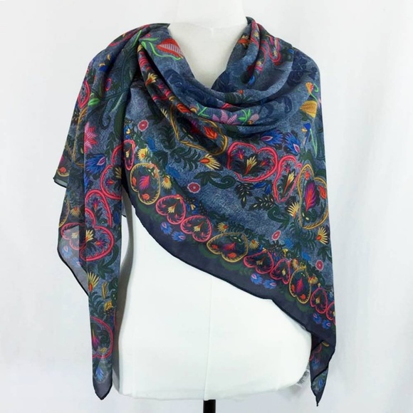 Floral Hippie Shawl. Printed Denim Swedish Folk Chiffon Scarf - Picture 2 of 12